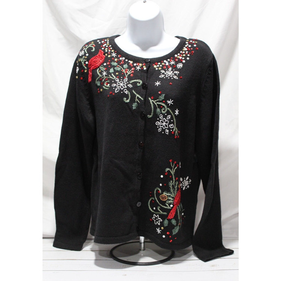 Tiara International Christmas Women's M Black Button-up Sweater Cardinals NEW - Picture 1 of 13